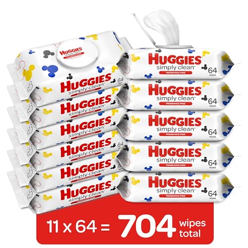 Huggies Simply Clean Fragrance-Free Baby Wipes, Unscented Diaper Wipes, 11 Flip-Top Packs (704 Wipes Total)